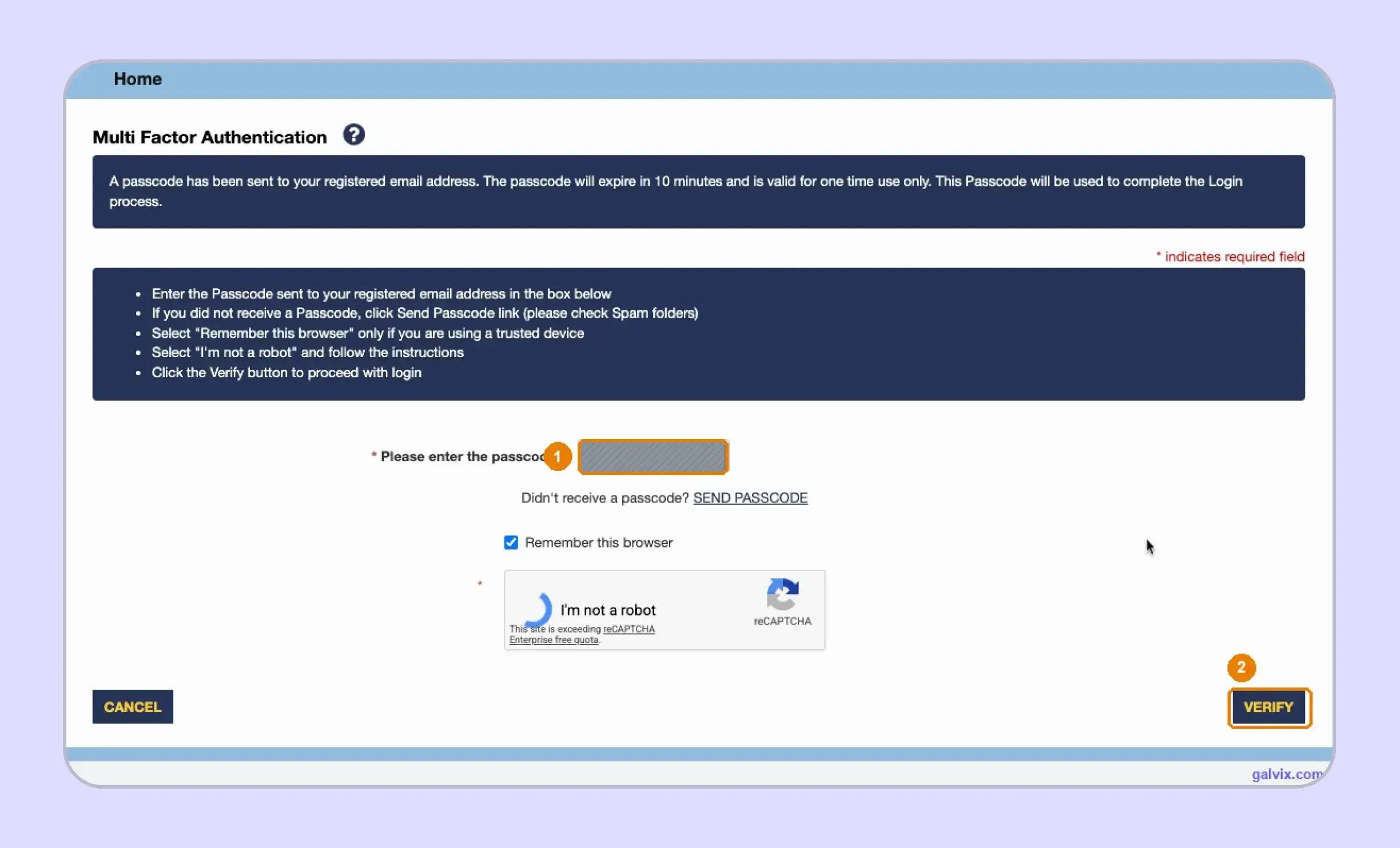 Rhode Island tax portal emailed passcode verification screen