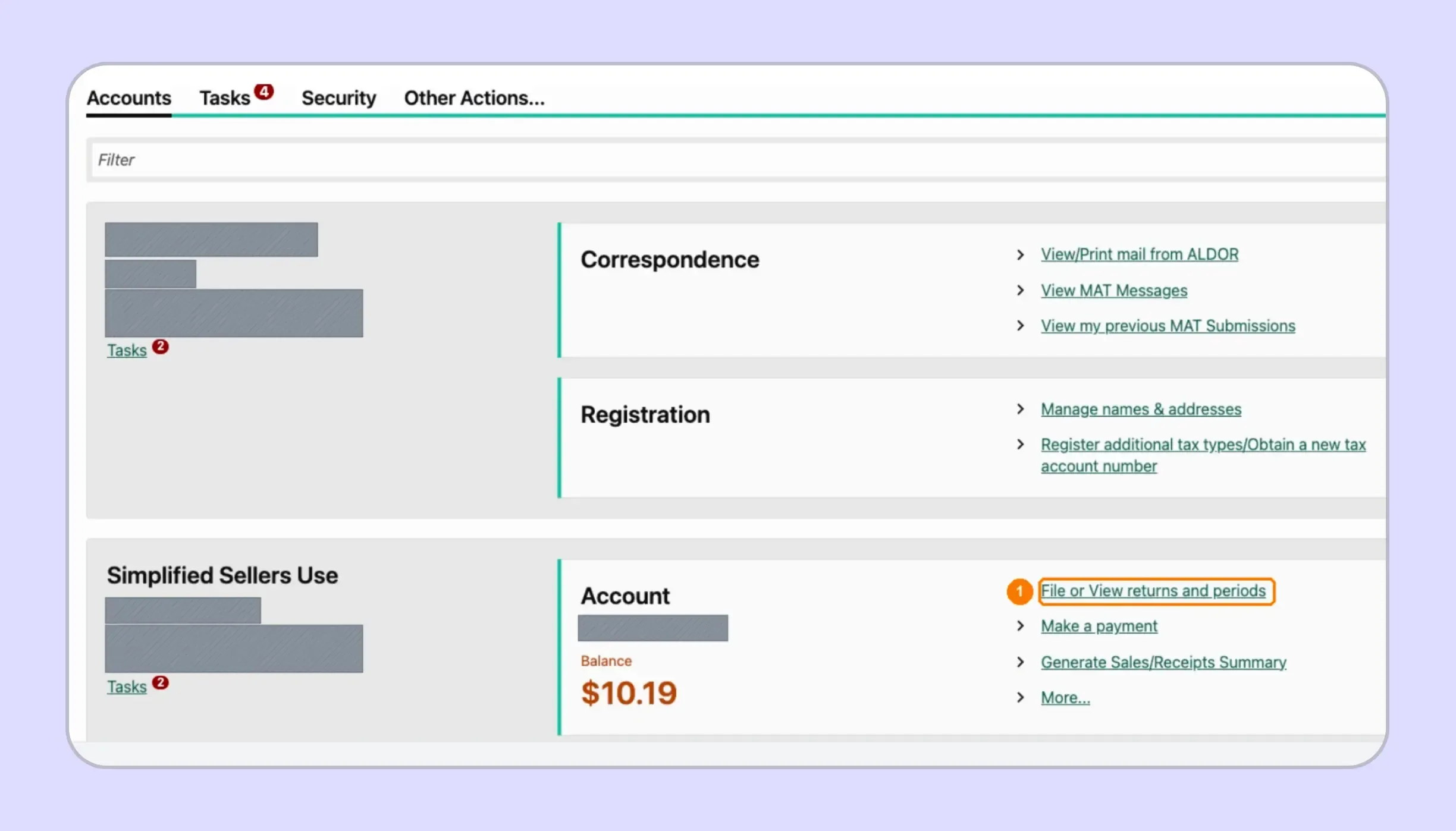 SSUT account selected for Alabama sales tax return