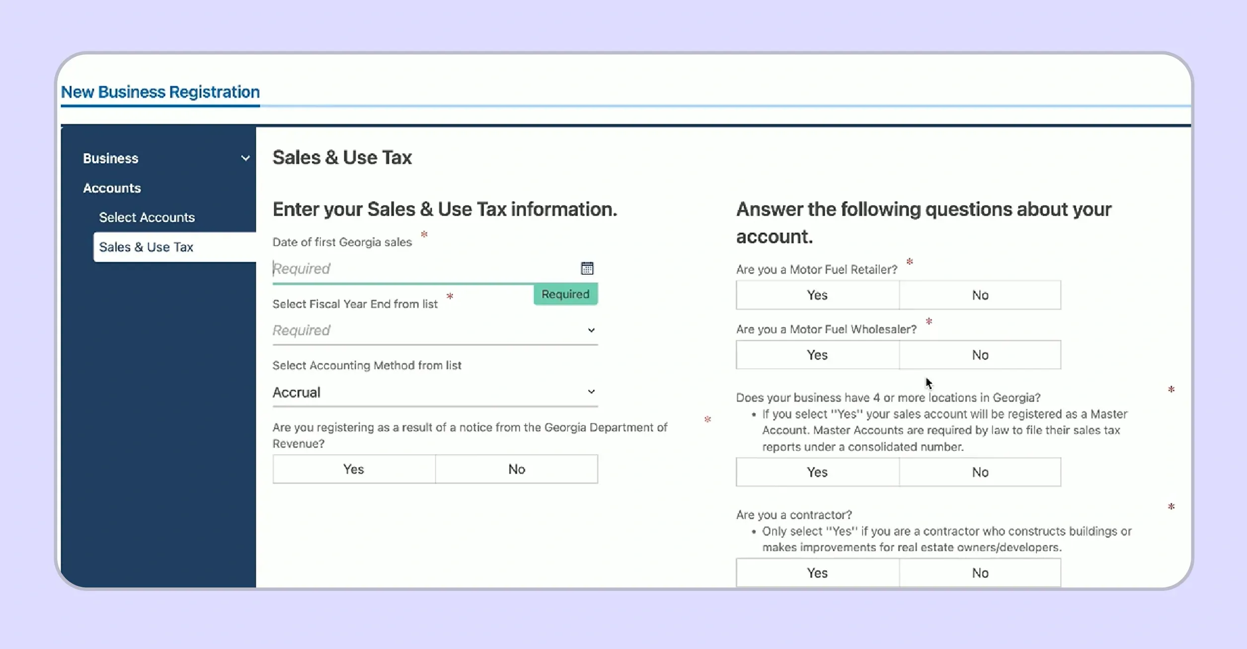 Sales and use tax account selection in Georgia