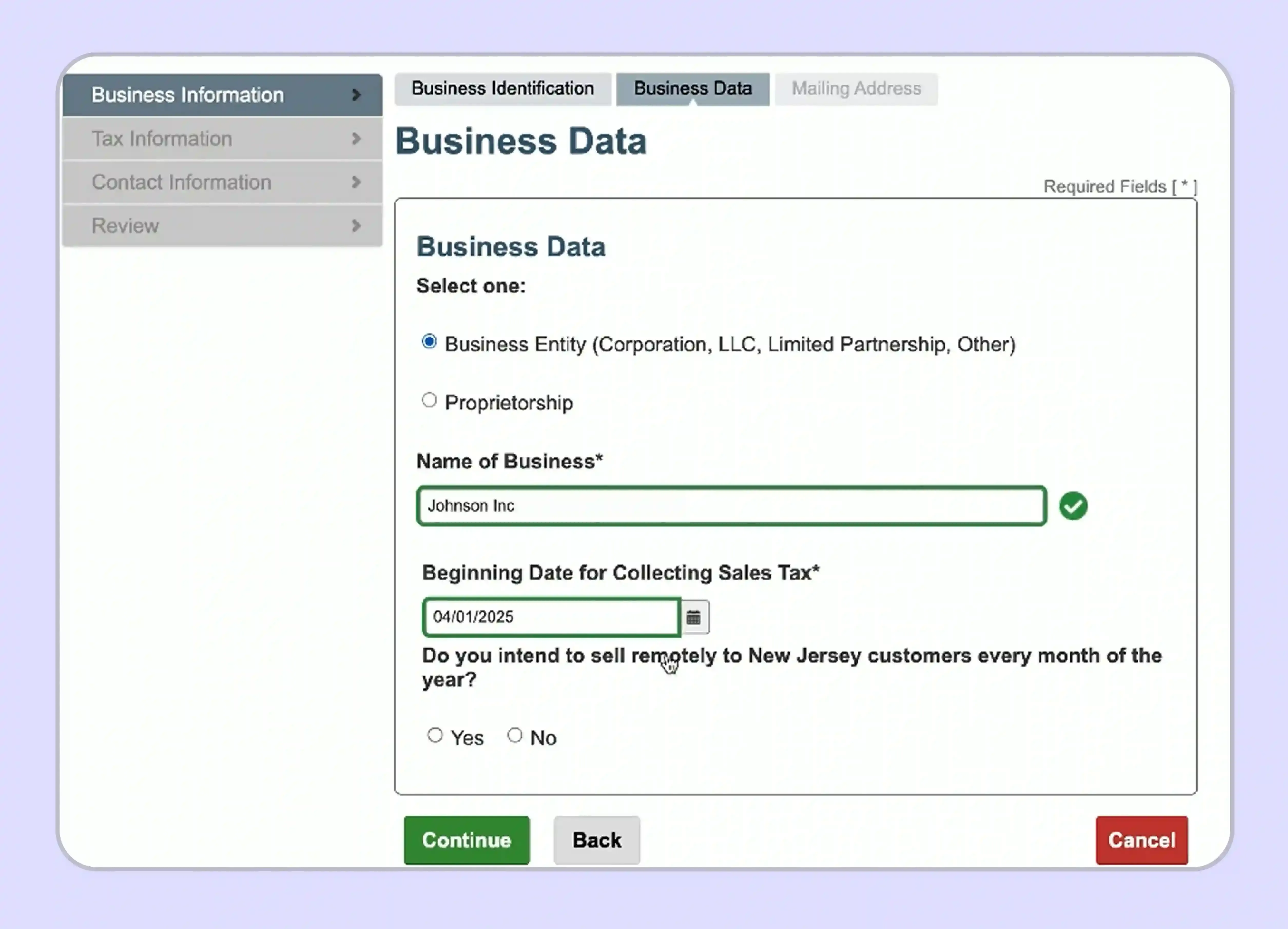 Sales tax data entry inside the New Jersey NJ-REG form