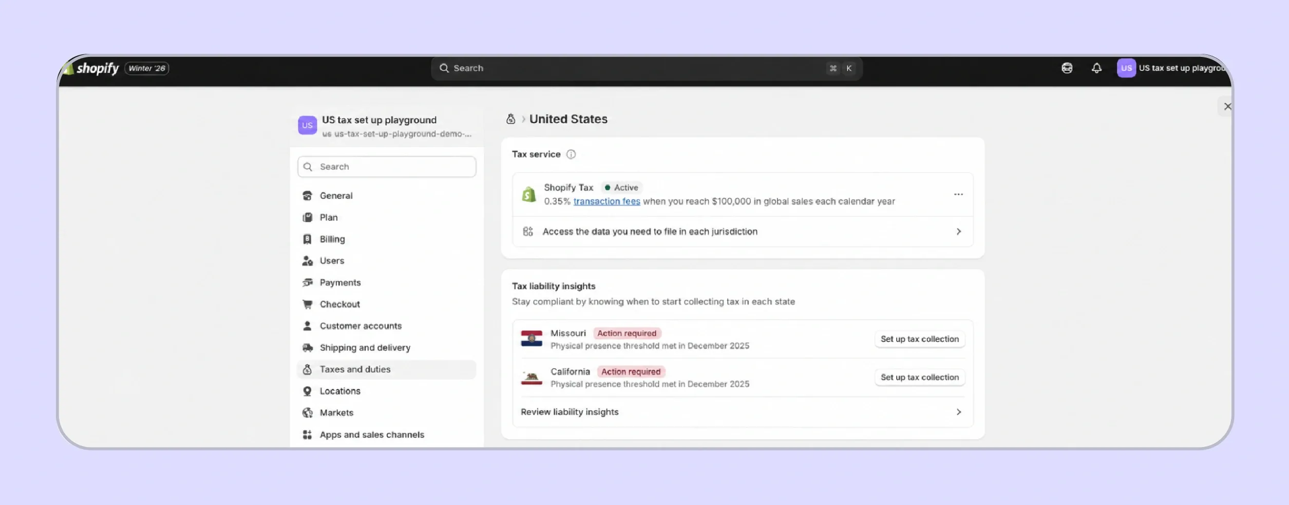 Shopify automated sales tax nexus insights dashboard