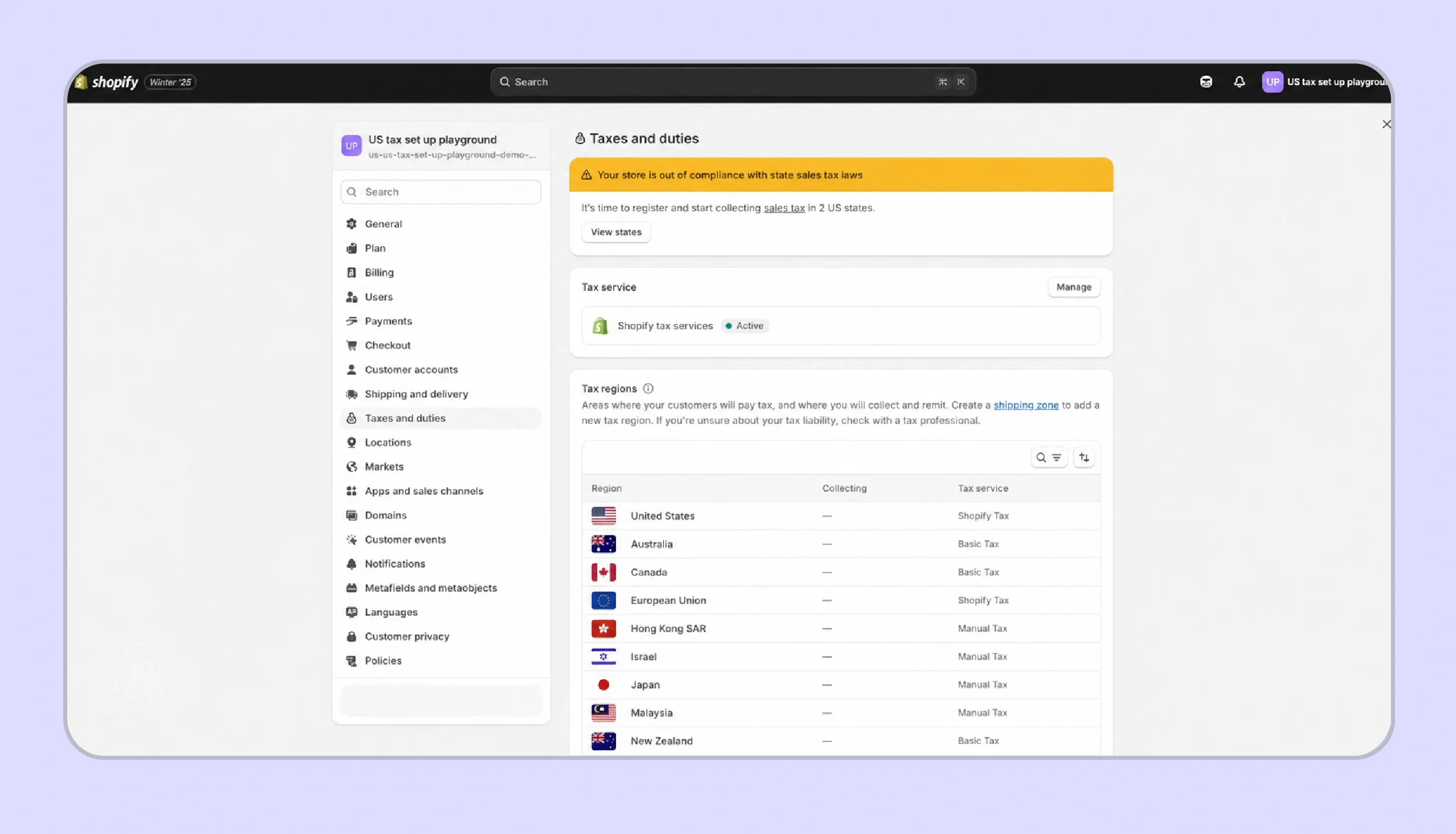 Shopify automated sales tax settings in Shopify Admin