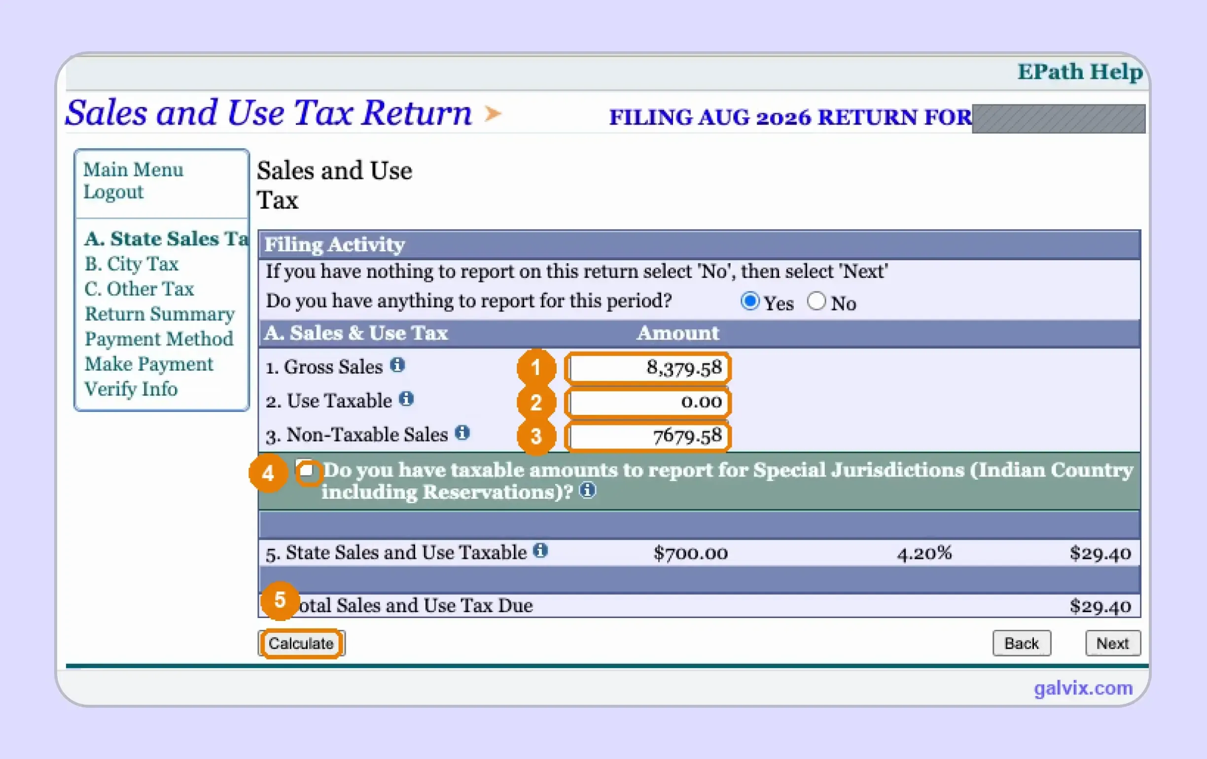 South Dakota sales tax return state sales entry fields