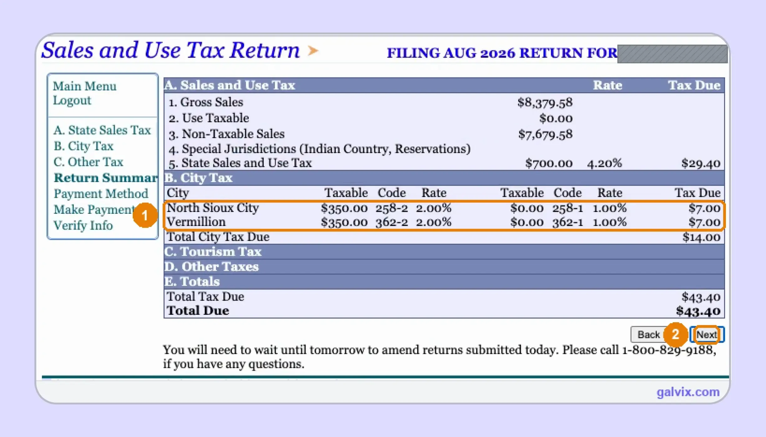 South Dakota sales tax return summary before payment.webp