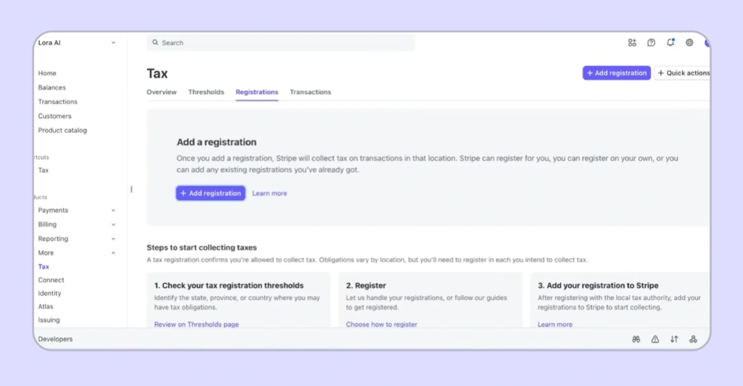 Stripe Tax registrations setup for registered states