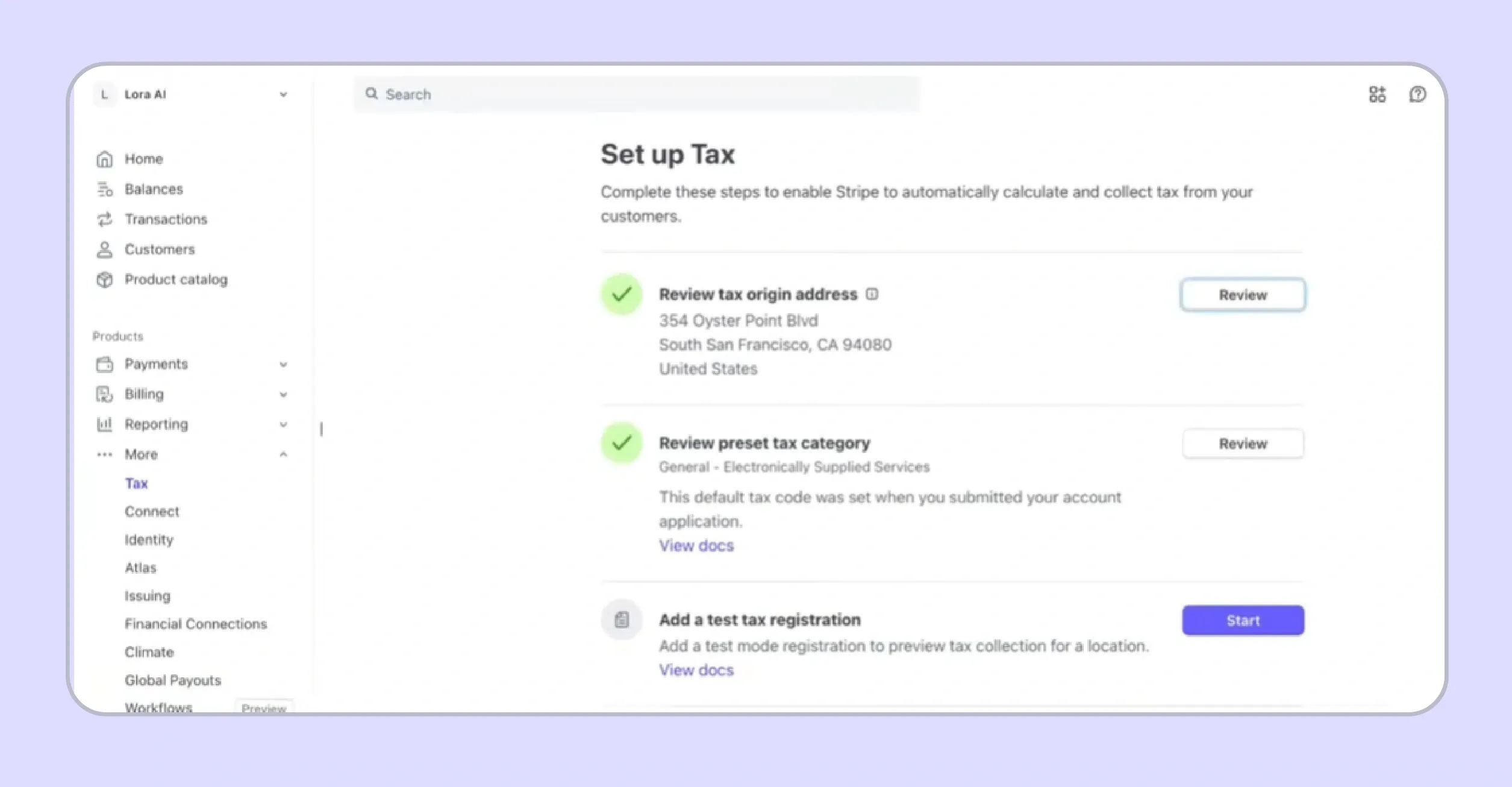 Stripe Tax settings page for sales tax setup