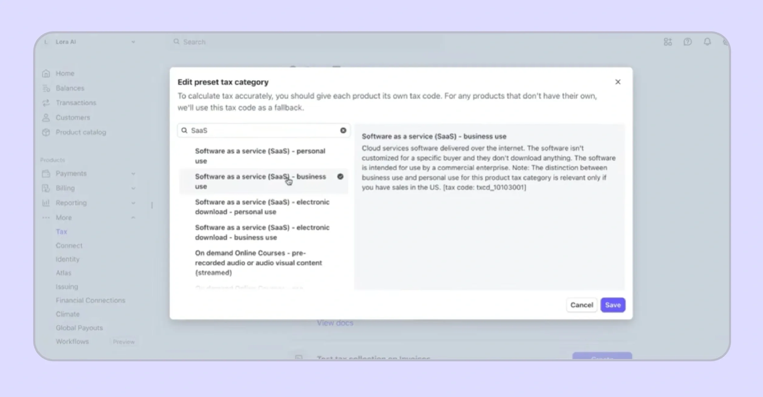 Stripe preset tax code selection for products