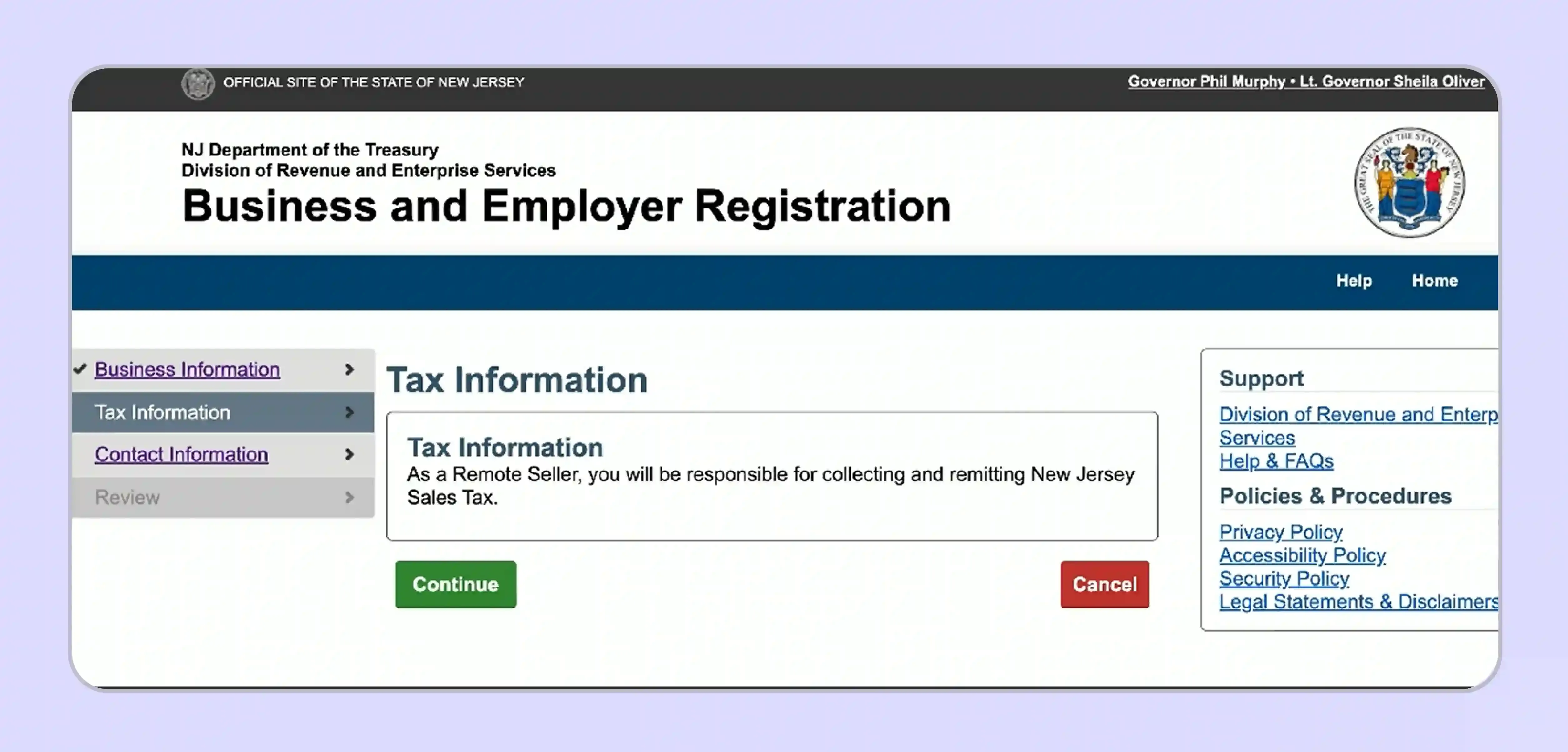 Tax Information confirmation screen for New Jersey sales tax permit application