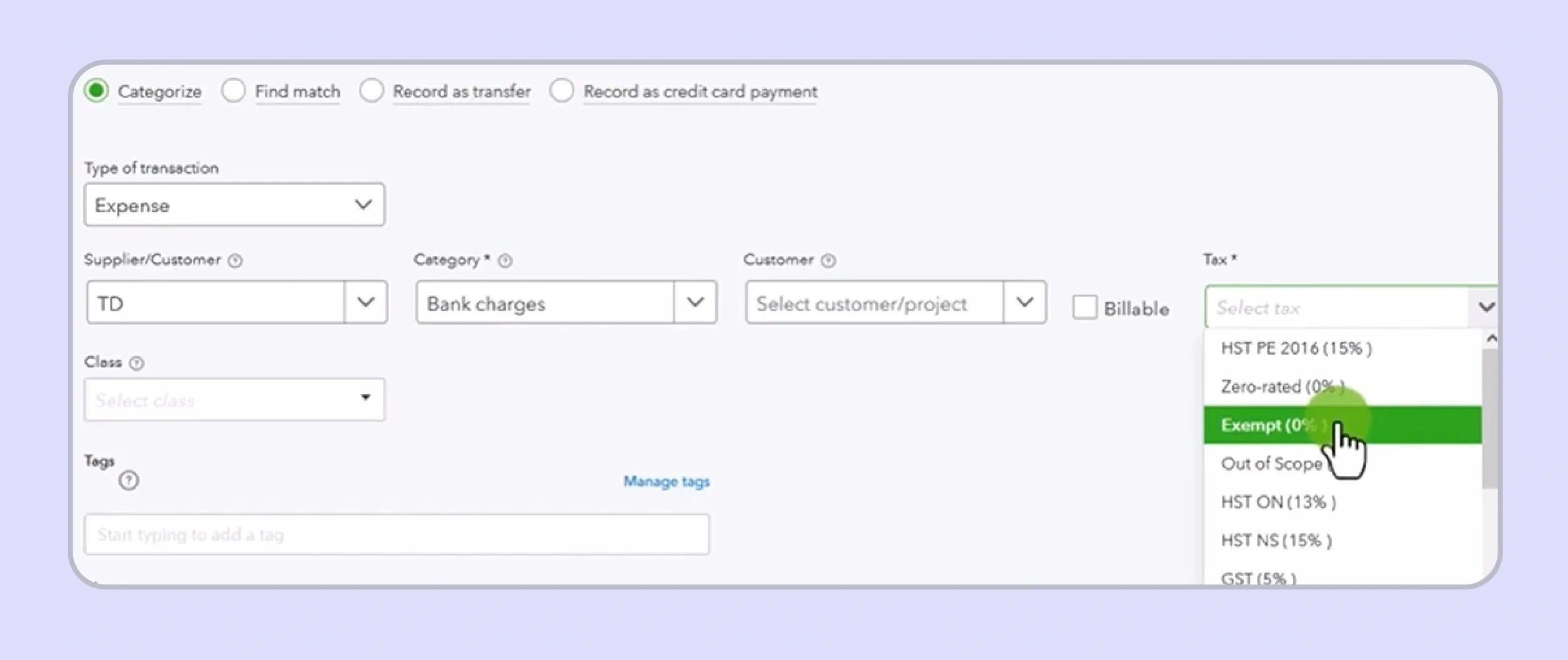Tax exempt option in QuickBooks