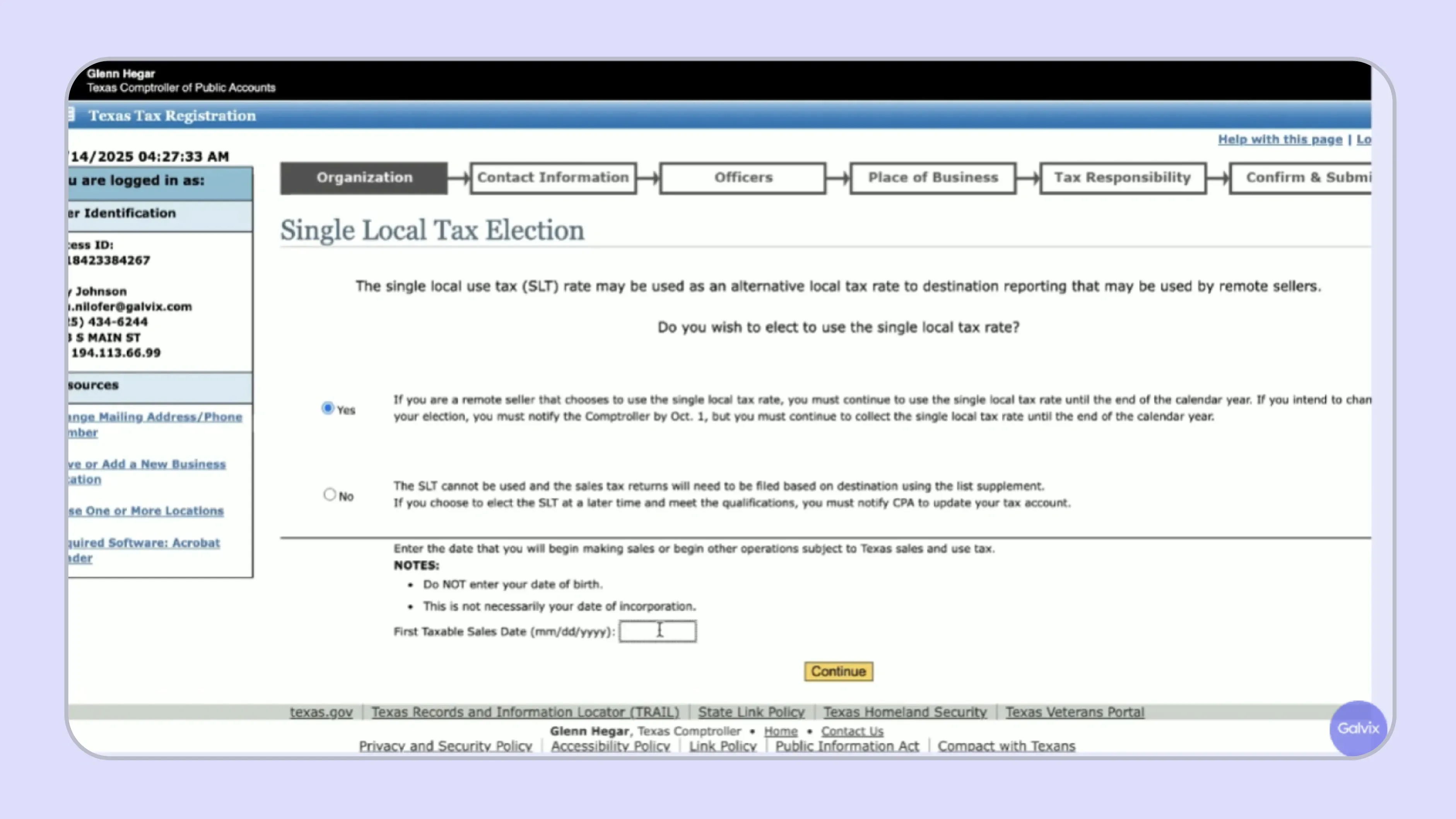 Texas Sales Tax registration dashboard showing single local tax election