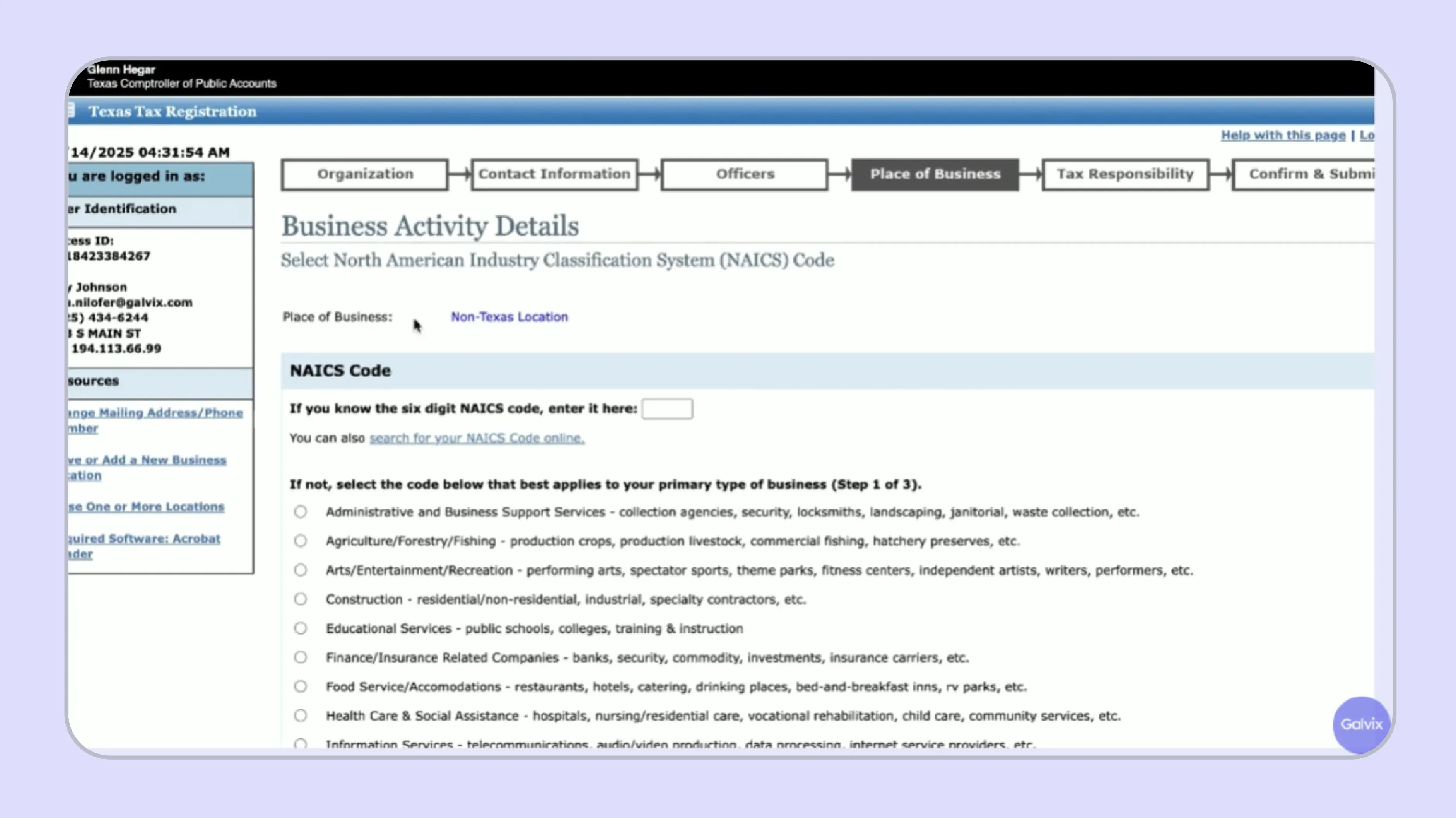 Texas Sales Tax registration showing NAICS details