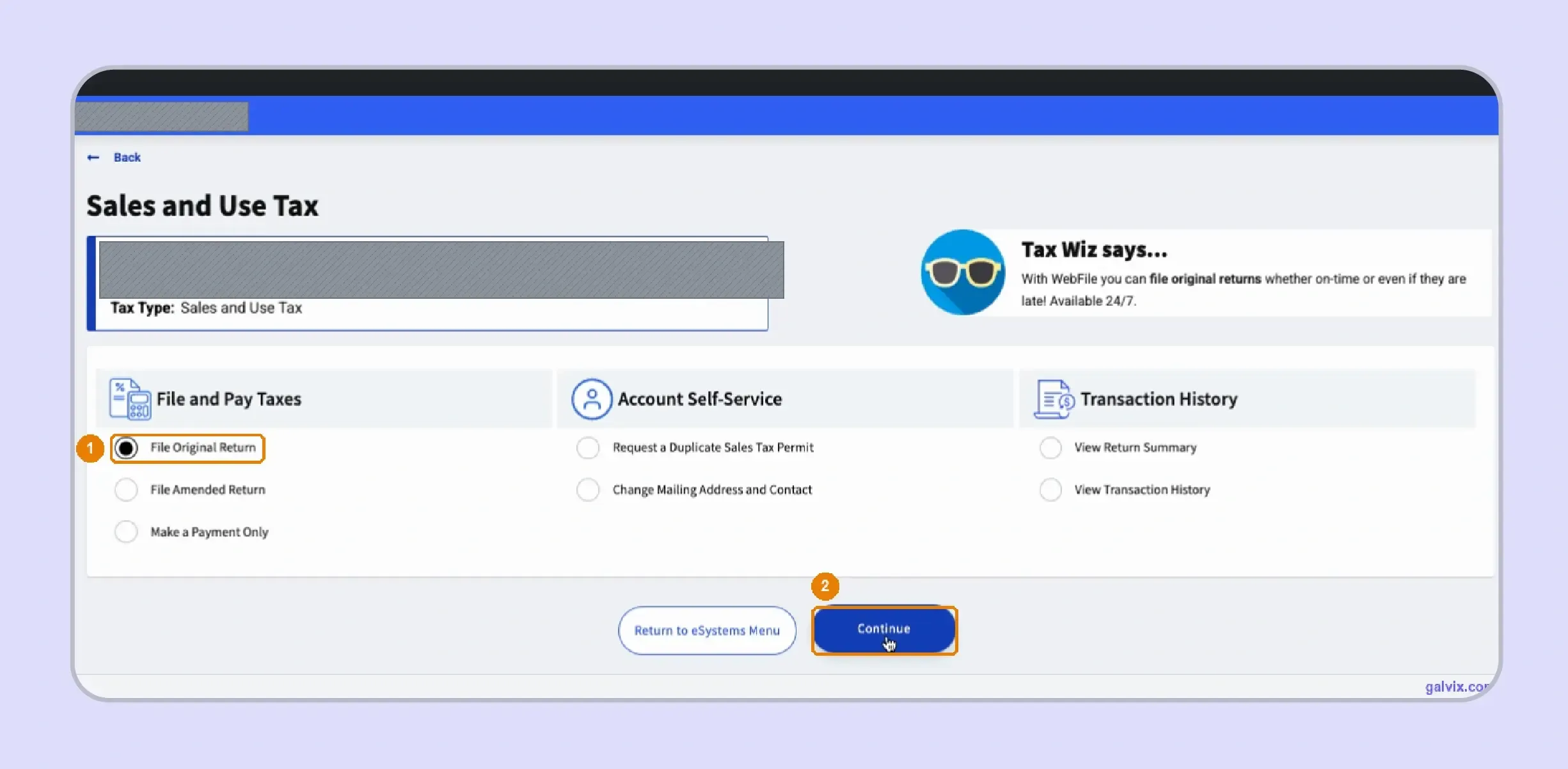 Texas WebFile original return option for sales filing