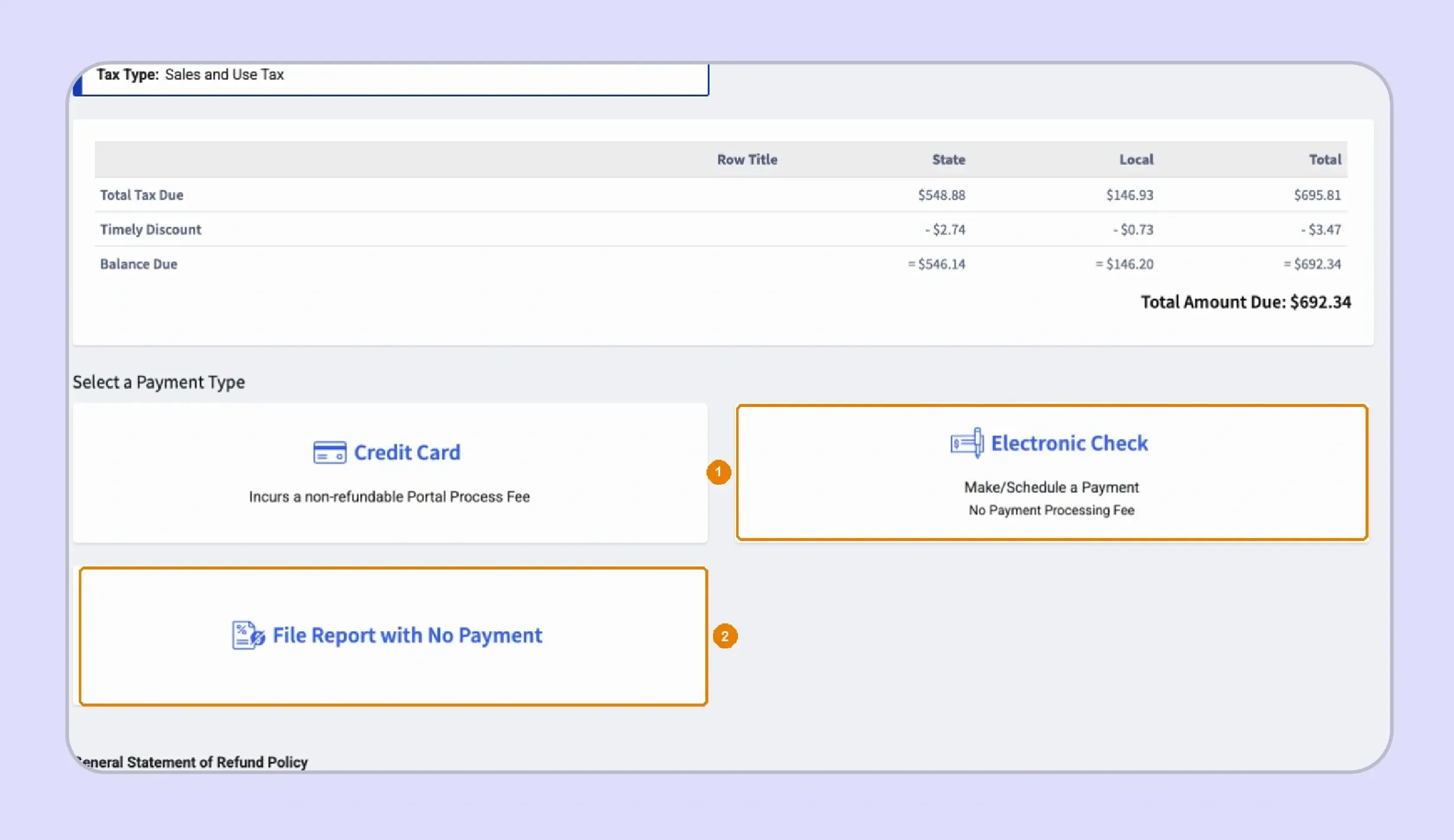 Texas WebFile payment options for sales tax return