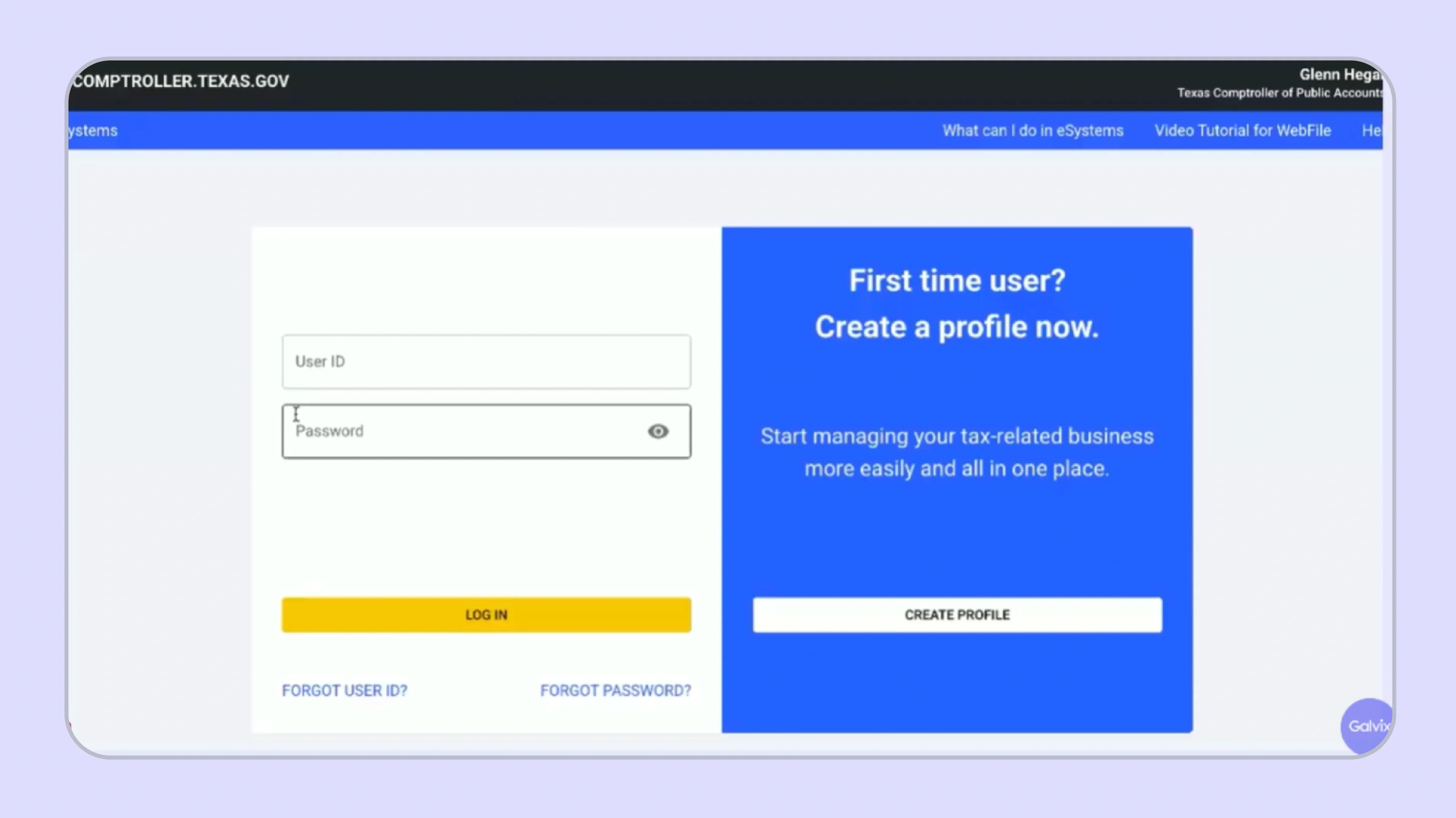 Texas eSystems dashboard showing Create a Profile option