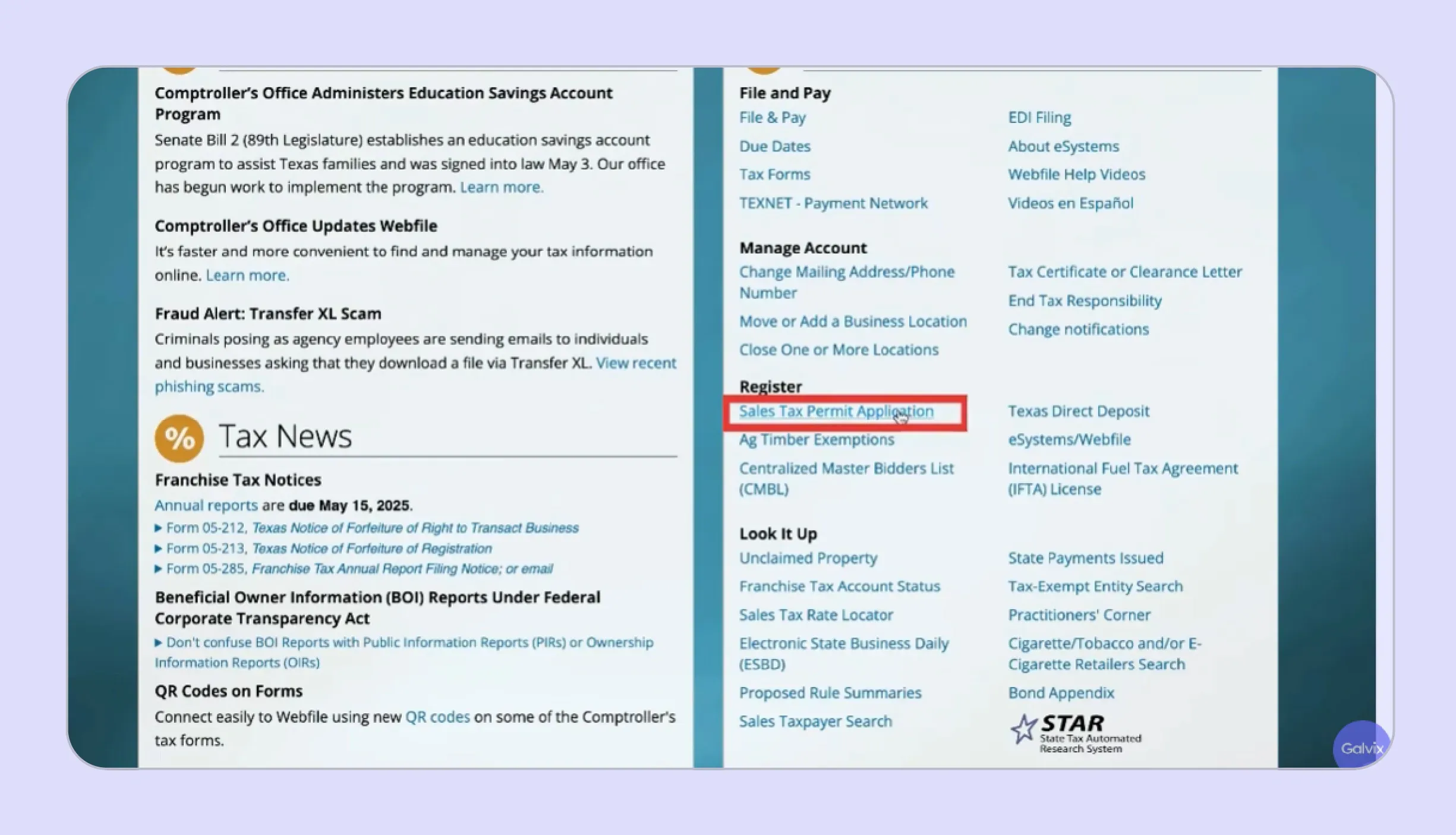Texas eSystems dashboard showing Sales Tax Permit Application option highlighted.webp