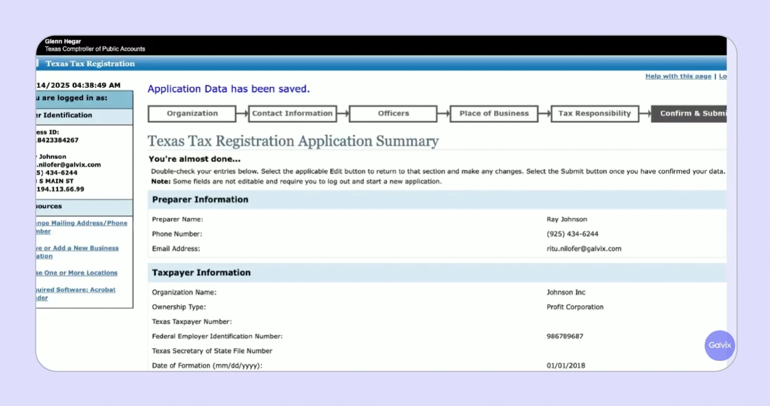 Texas eSystems screen confirming that the application data has been saved
