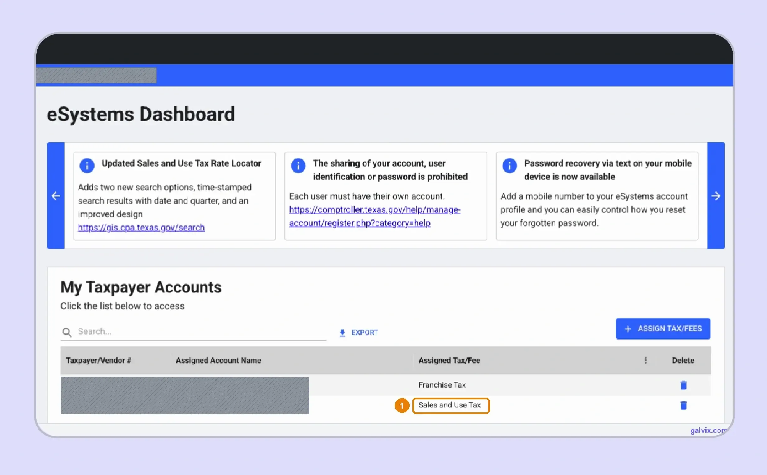 Texas sales tax account selected from eSystems dashboard