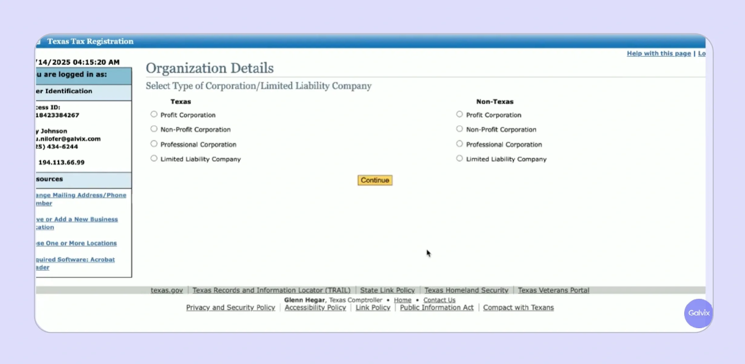 Texas sales tax application organization details section showing business entity type fields