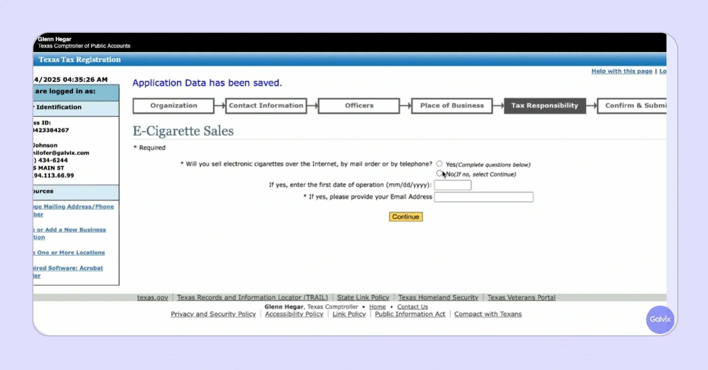 Texas sales tax application showing specialty item disclosure screen for e-cigarette sales