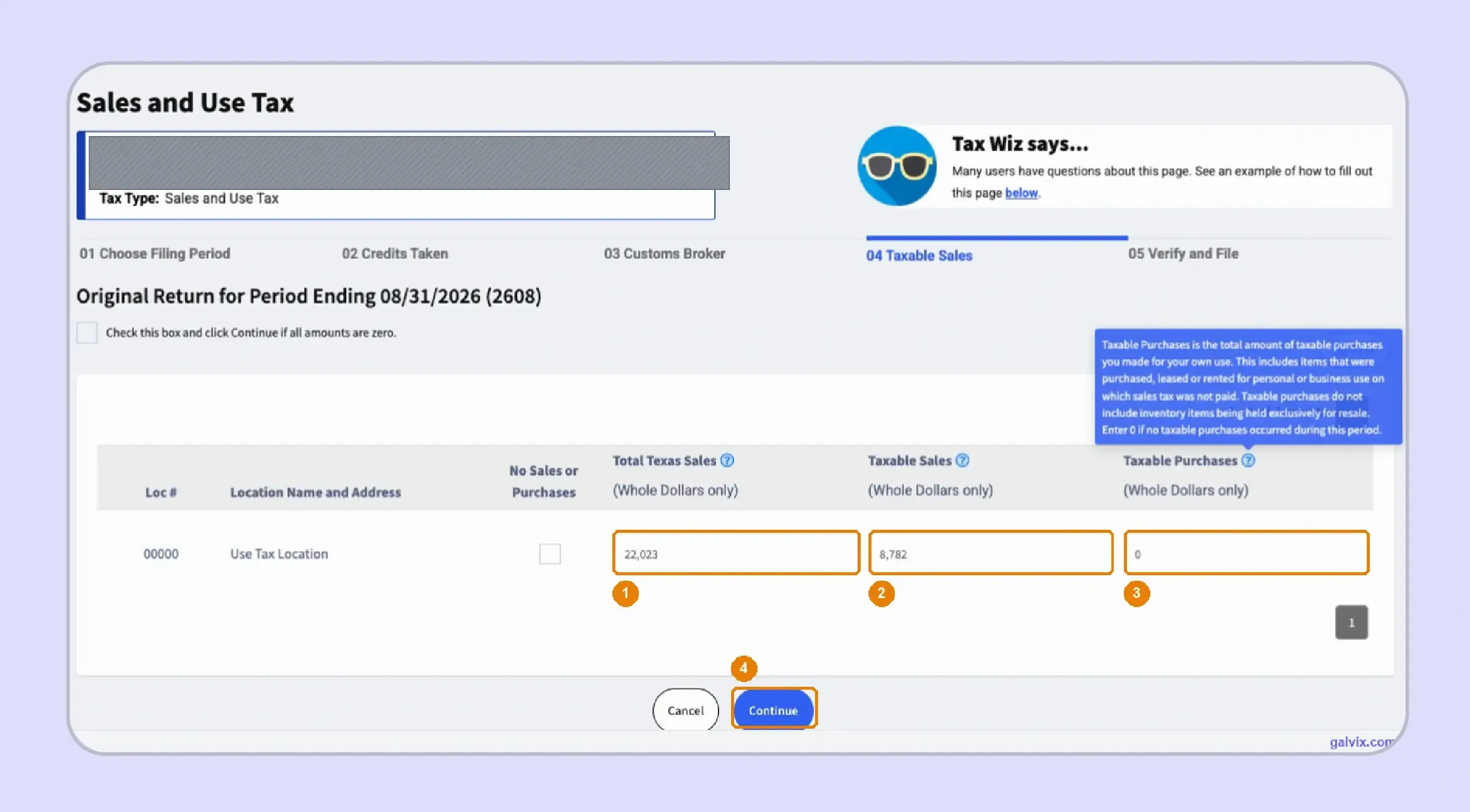 Texas sales tax return fields completed in WebFile