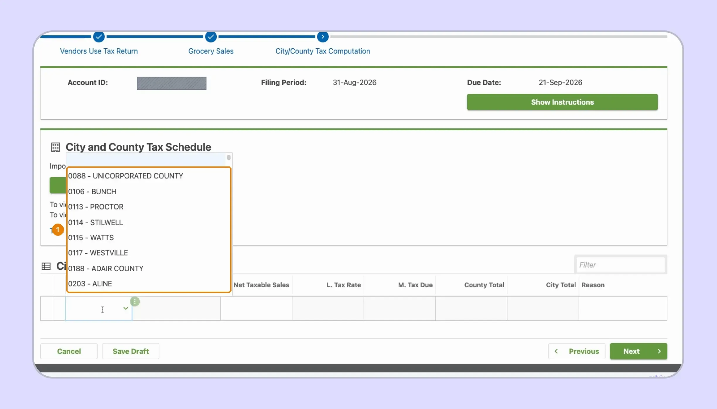 Text Oklahoma local sales tax schedule using COPO codes