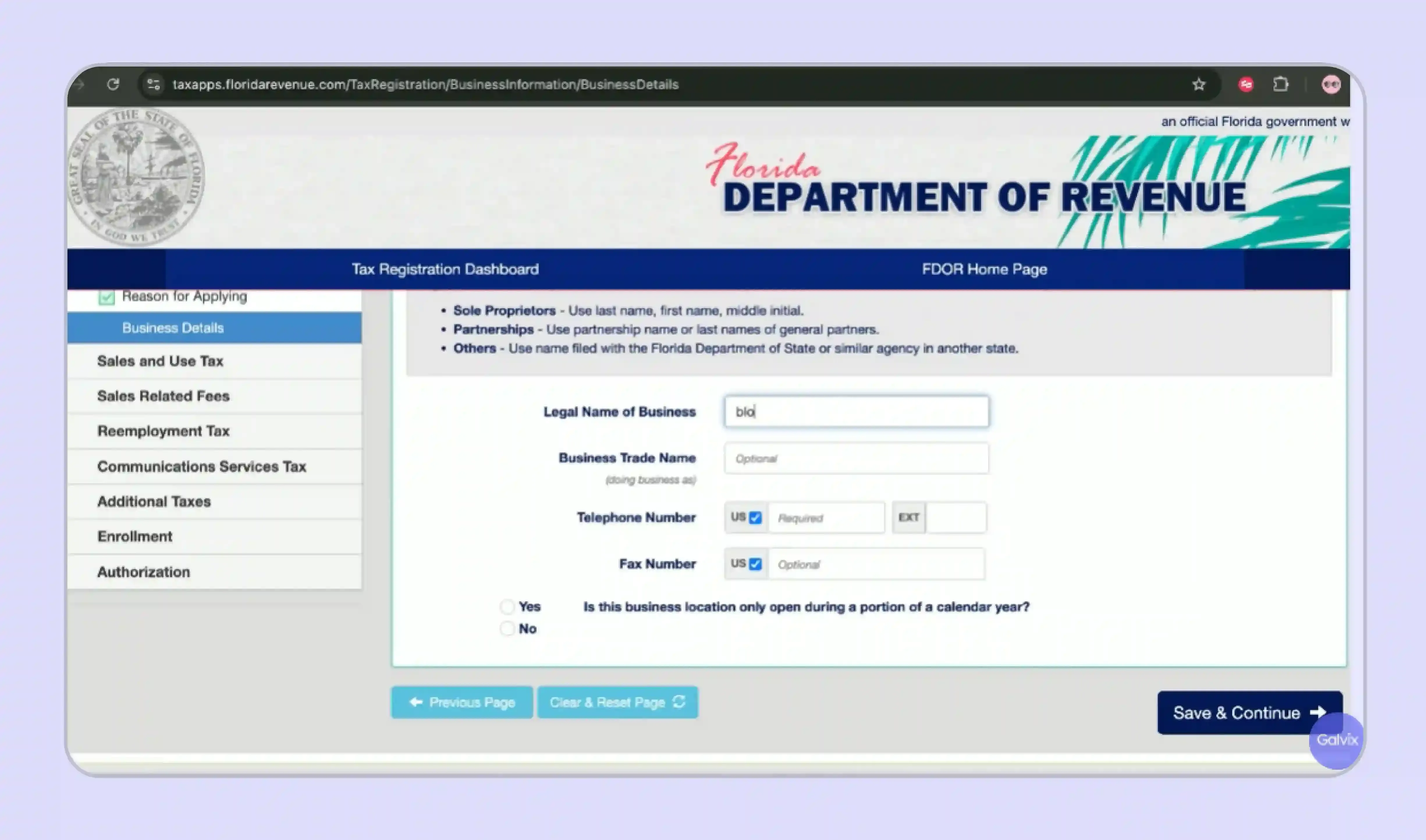 User interface on Florida Department of Revenue website to enter business details