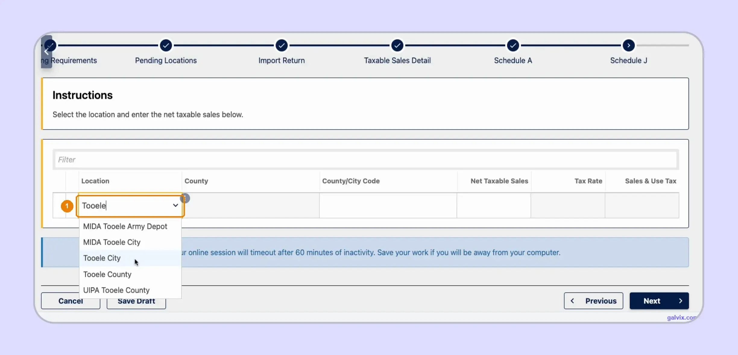 Utah Schedule J destination sales jurisdiction selection screen