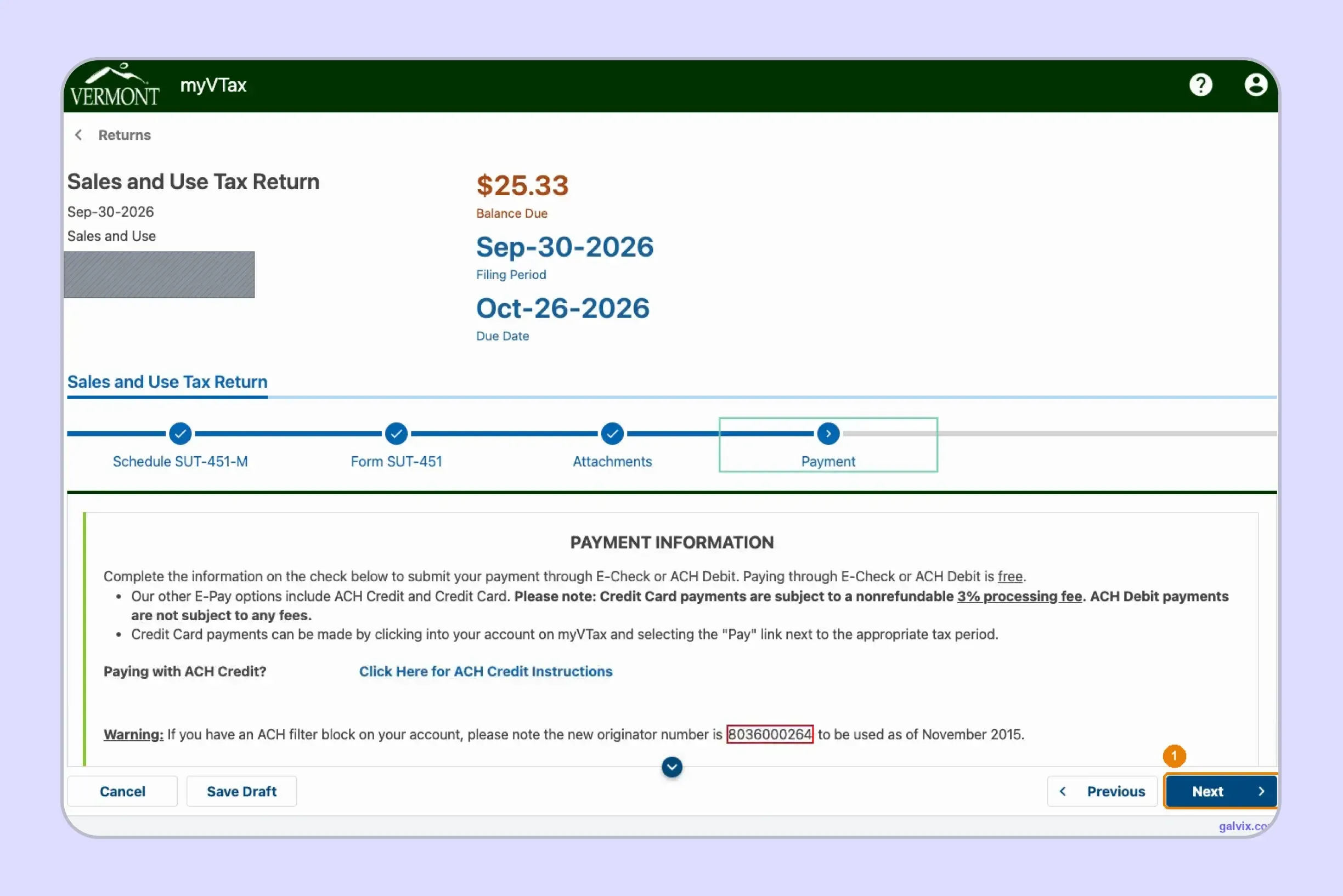 Vermont myVTax payment options for sales tax filing