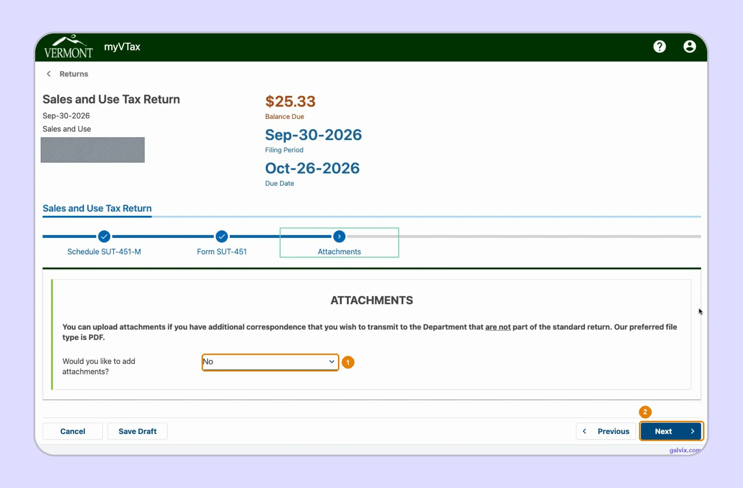 Vermont sales tax return optional attachments step