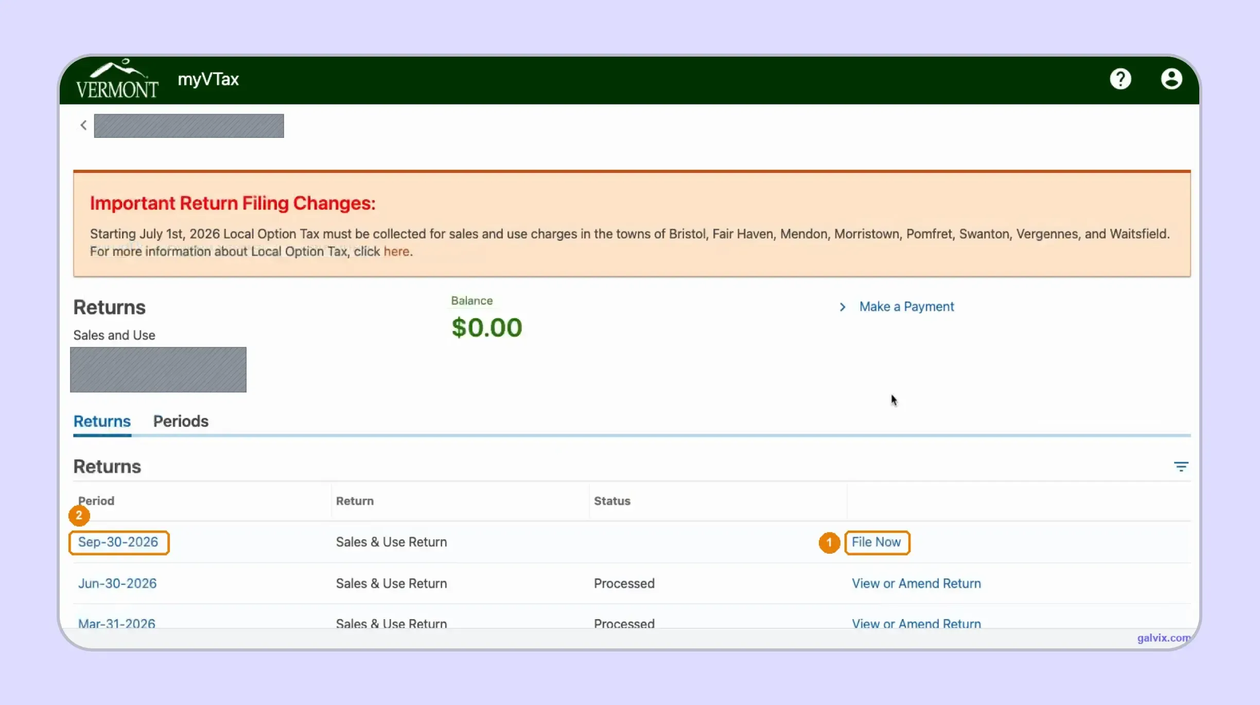 Vermont sales tax return period and filing changes