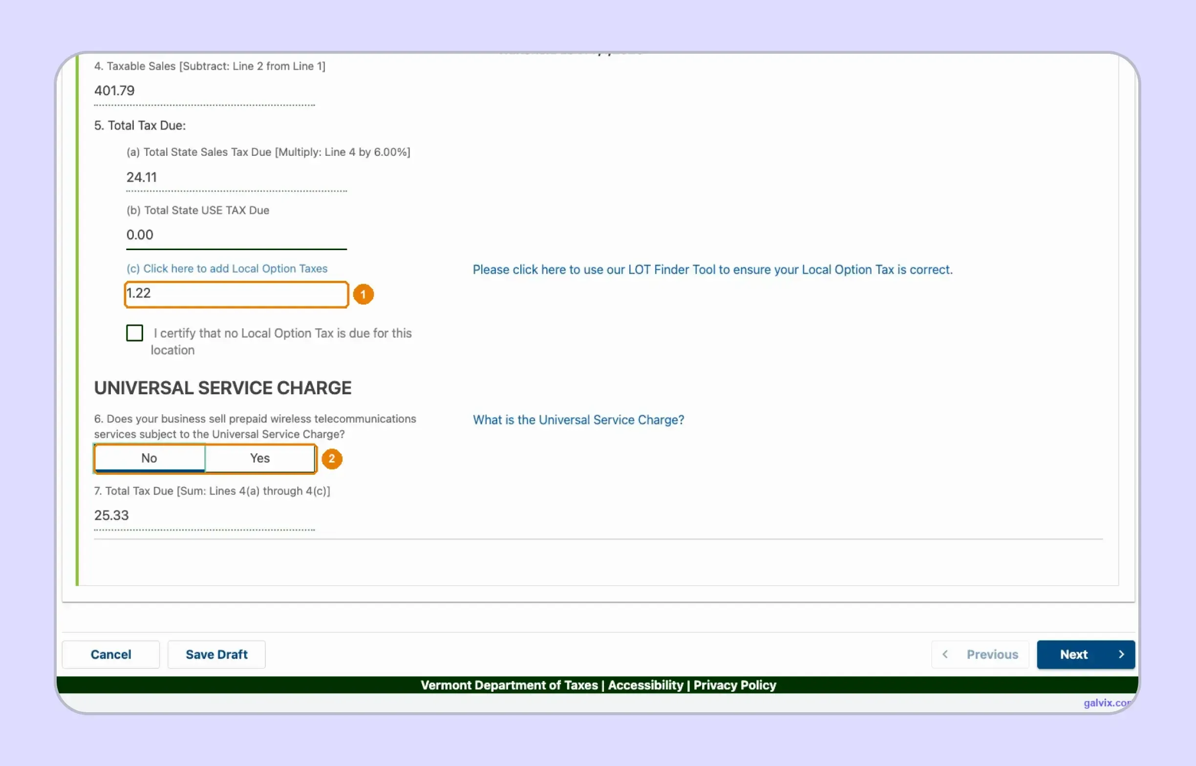 Vermont sales tax return total tax and service charge