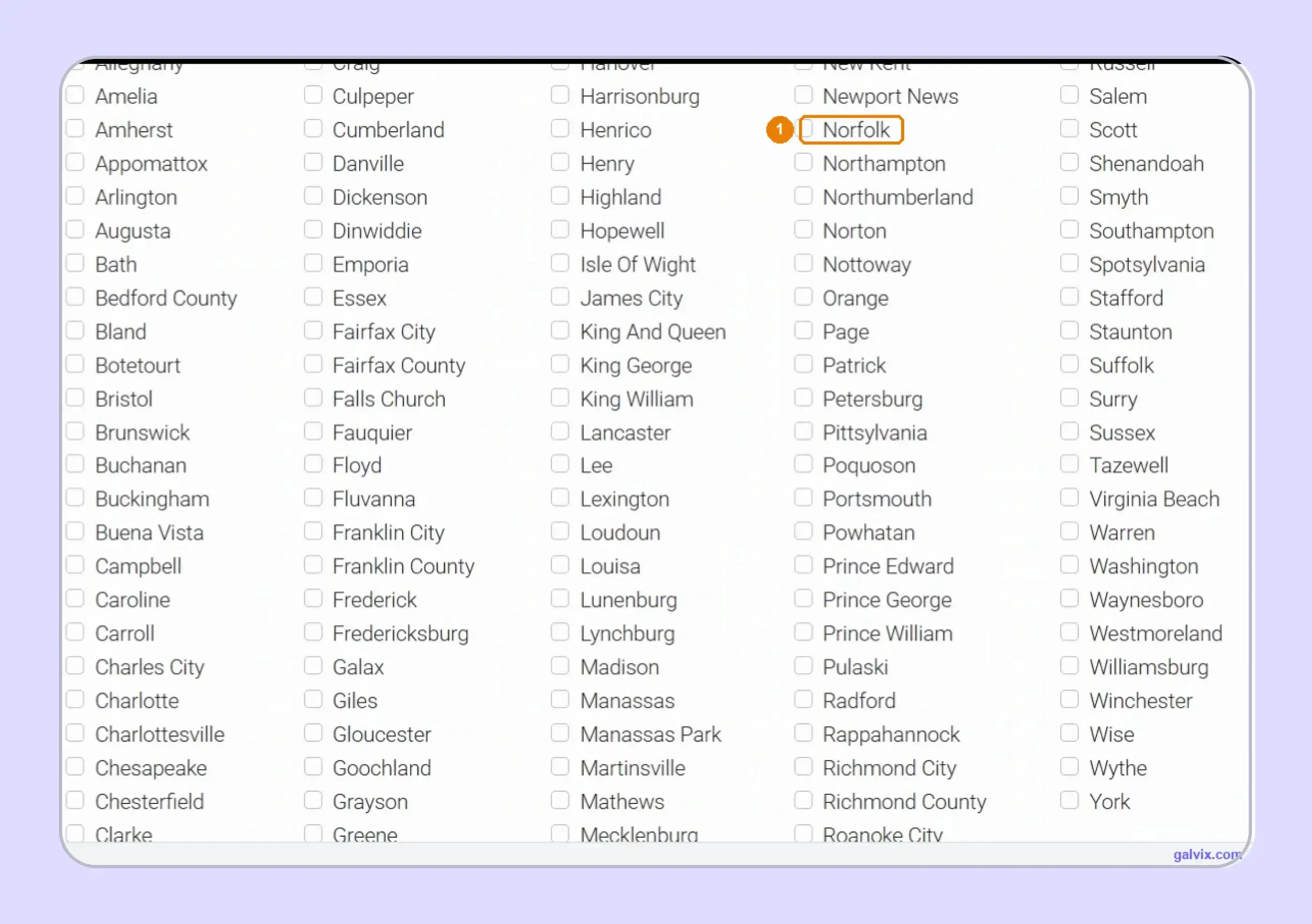 Virginia locality selection for taxable sales reporting