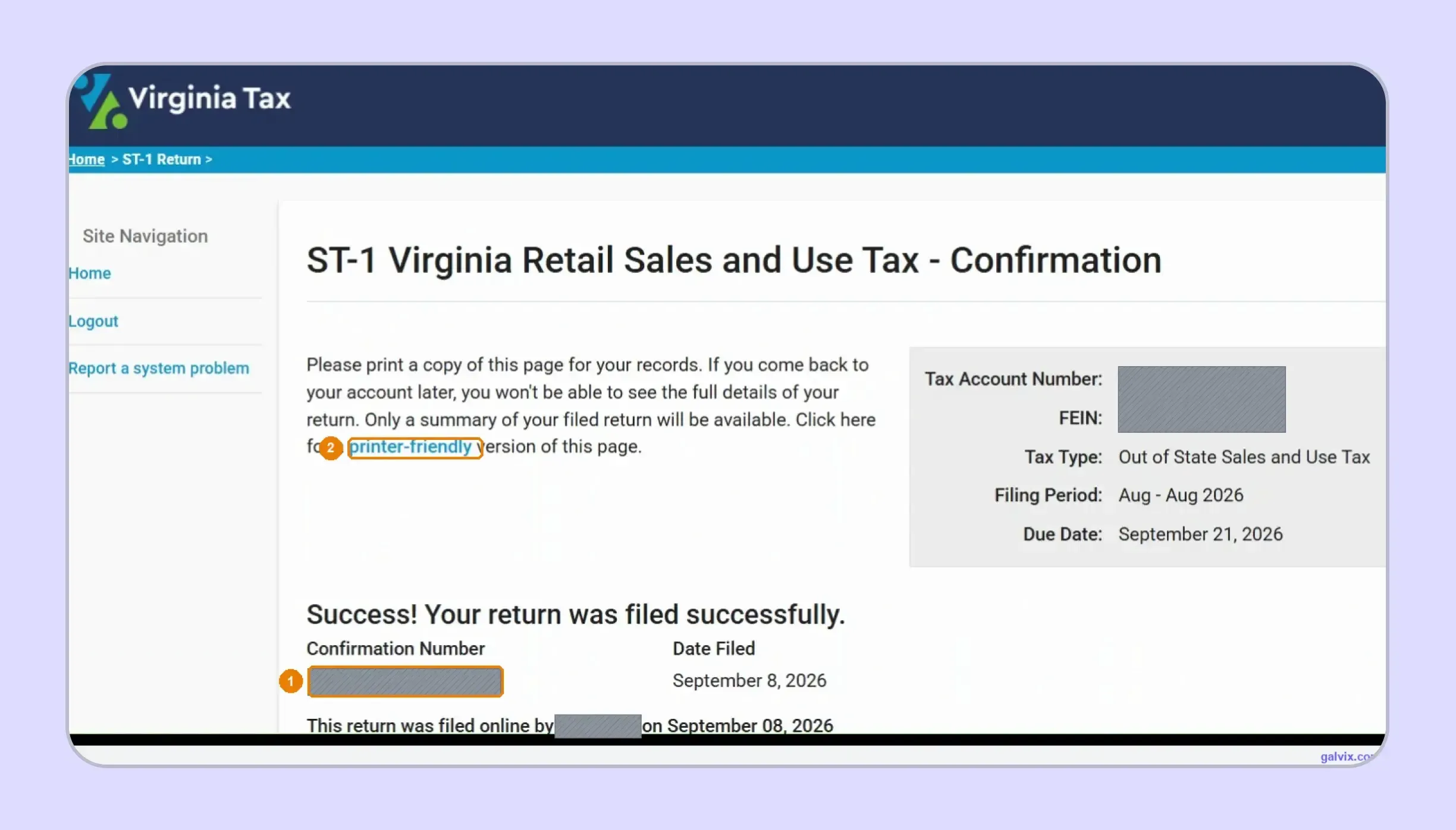 Virginia sales tax return confirmation and filing proof