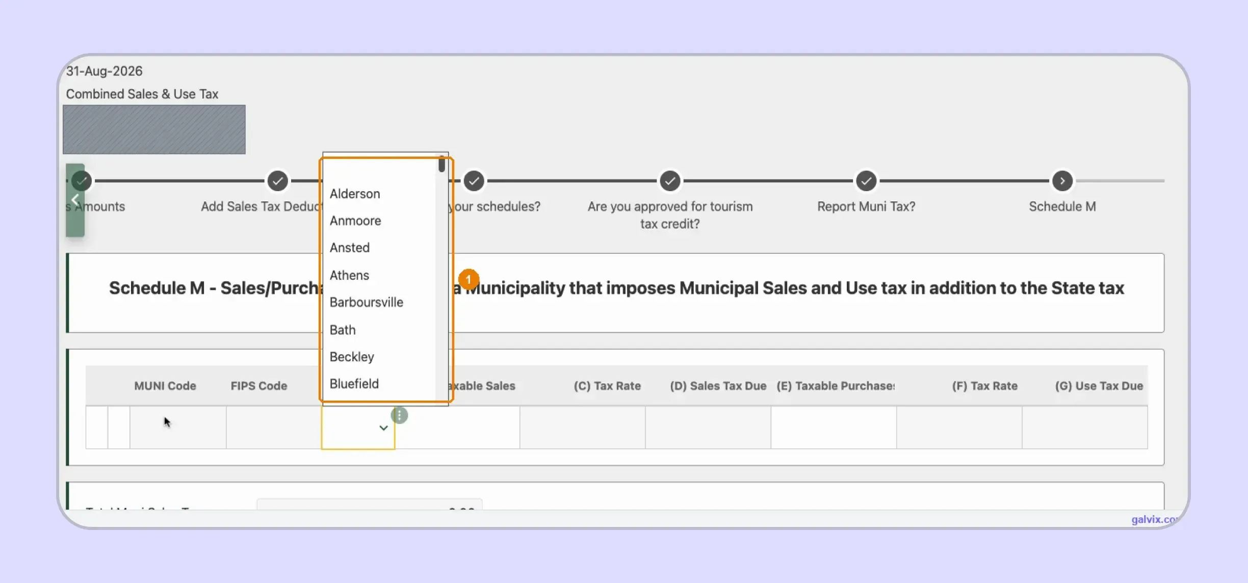 West Virginia Schedule M municipality selection in MyTaxes