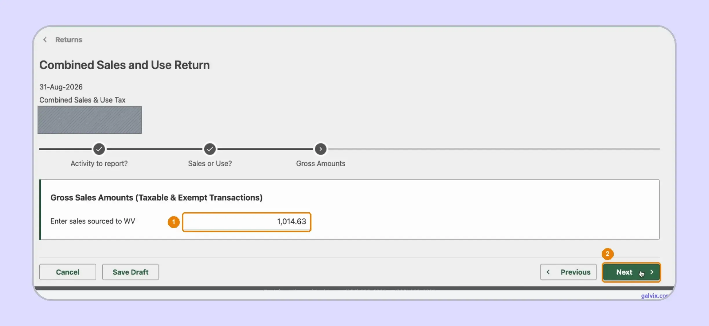 West Virginia sales tax gross sales entry screen