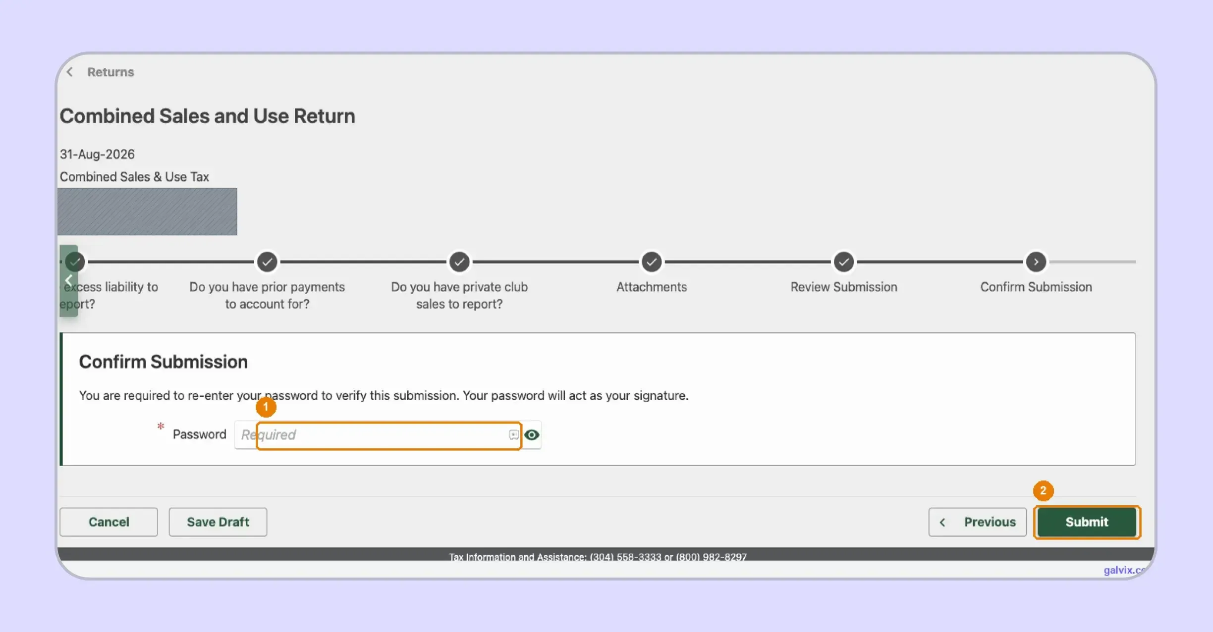 West Virginia sales tax return password submission screen
