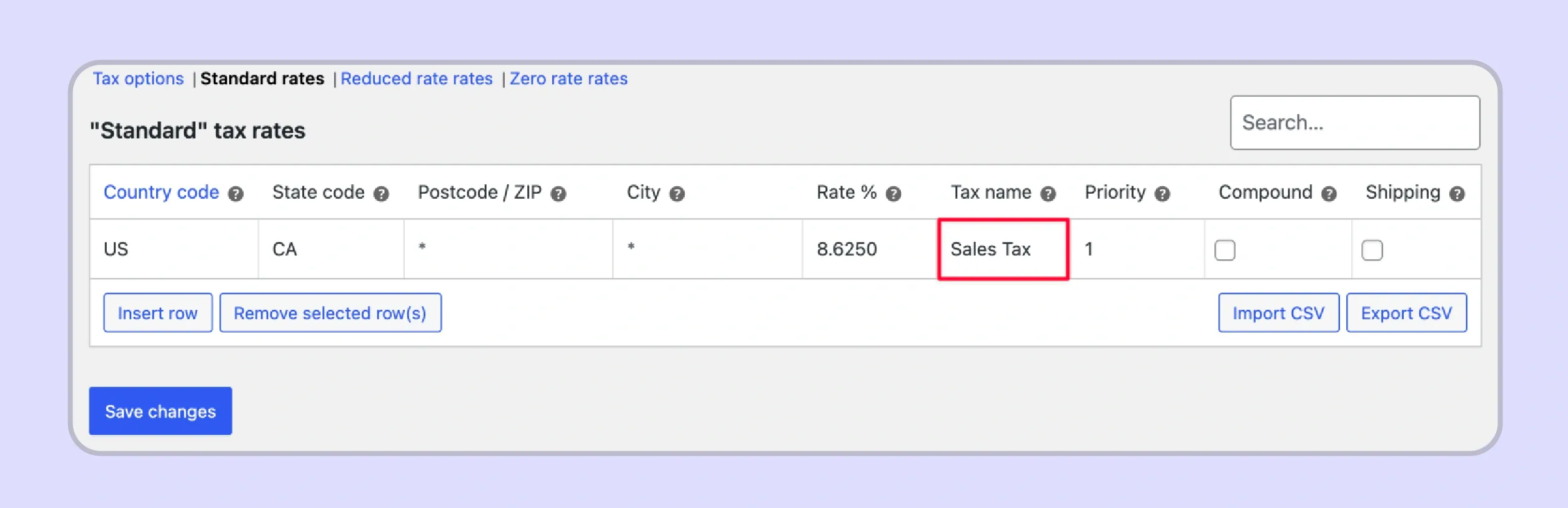 WooCommerce Standard Rates table showing fields for tax name, state code, and rate percentage