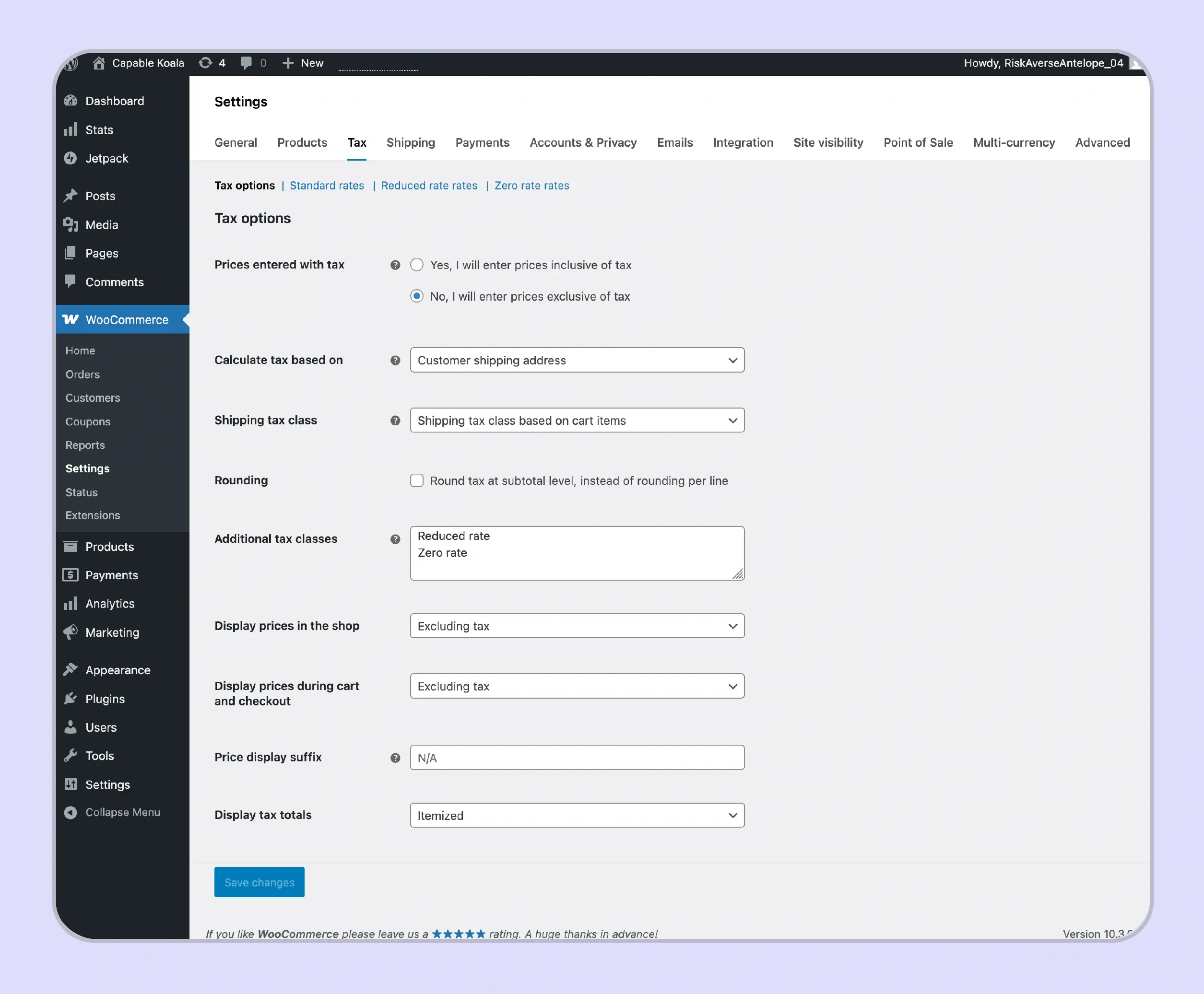 WooCommerce Tax tab showing tax options for price display and calculation configuration