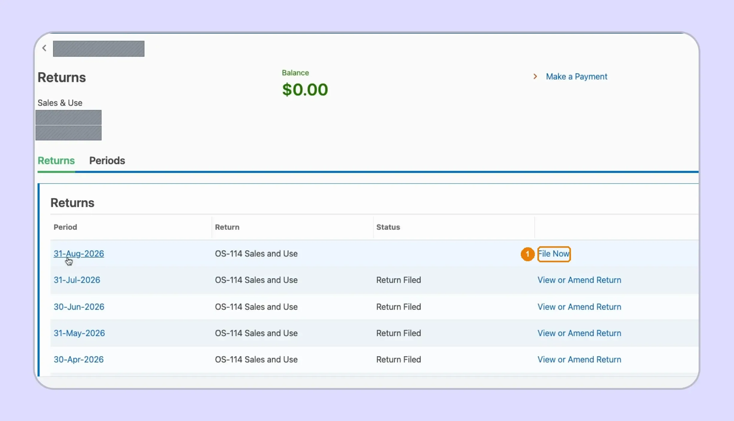 myconneCT period selection for Connecticut sales tax return online